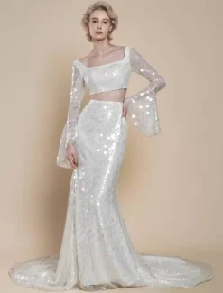 Robe de mariée deux pièces à paillettes col carré sirène avec traîne fermeture éclair manches longues longue ivoire