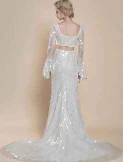 Robe de mariée deux pièces à paillettes col carré sirène avec traîne fermeture éclair manches longues longue ivoire