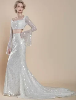Robe de mariée deux pièces à paillettes col carré sirène avec traîne fermeture éclair manches longues longue ivoire