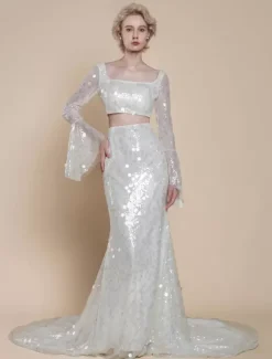 Robe de mariée deux pièces à paillettes col carré sirène avec traîne fermeture éclair manches longues longue ivoire