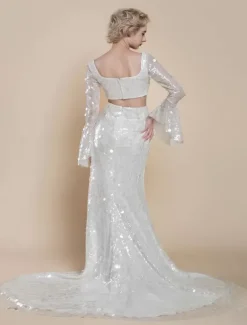 Robe de mariée deux pièces à paillettes col carré sirène avec traîne fermeture éclair manches longues longue ivoire