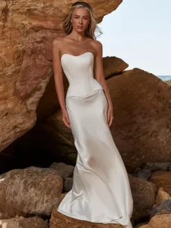 Robe de mariée deux pièces taille basque corset tissu satiné décolleté en c艙ur gaine avec traîne sans bretelles à lacets sans manches longue 20 cm ivoire