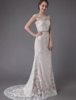 Robe de mariée en dentelle Champagne Jewel sans manches dos nu robe de mariée plage sirène avec train