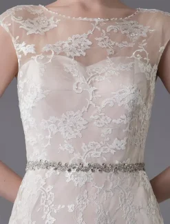 Robe de mariée en dentelle Champagne Jewel sans manches dos nu robe de mariée plage sirène avec train