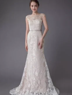 Robe de mariée en dentelle Champagne Jewel sans manches dos nu robe de mariée plage sirène avec train
