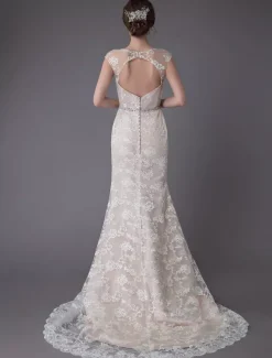 Robe de mariée en dentelle Champagne Jewel sans manches dos nu robe de mariée plage sirène avec train