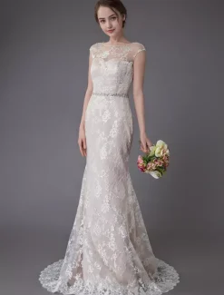Robe de mariée en dentelle Champagne Jewel sans manches dos nu robe de mariée plage sirène avec train