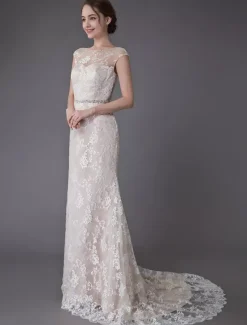 Robe de mariée en dentelle Champagne Jewel sans manches dos nu robe de mariée plage sirène avec train
