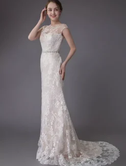 Robe de mariée en dentelle Champagne Jewel sans manches dos nu robe de mariée plage sirène avec train