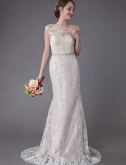 Robe de mariée en dentelle Champagne Jewel sans manches dos nu robe de mariée plage sirène avec train