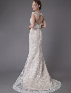 Robe de mariée en dentelle Champagne Jewel sans manches dos nu robe de mariée plage sirène avec train