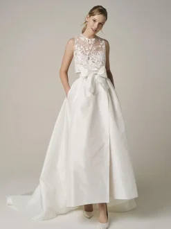 Robe de mariée ivoire deux pièces en dentelle col bijou A-ligne robe de mariée sans manches longueur cheville