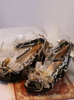Robe de mariée Lolita Chaussures Lolita Écru Blanc Dentelle Fleurs Chaînes Cuir PU Talon Chunky Chaussures Lolita