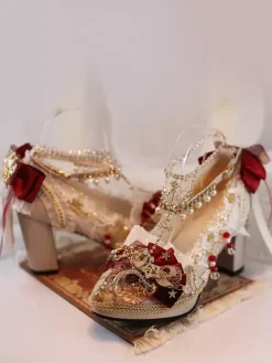 Robe de mariée Lolita Chaussures Lolita Écru Blanc Dentelle Fleurs Chaînes Cuir PU Talon Chunky Chaussures Lolita