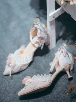 Robe de mariée Lolita Chaussures Lolita Fleurs roses Volants en dentelle Bout pointu Escarpins Lolita en satin