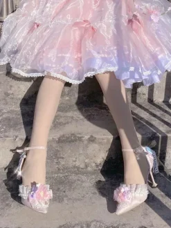 Robe de mariée Lolita Chaussures Lolita Fleurs roses Volants en dentelle Bout pointu Escarpins Lolita en satin