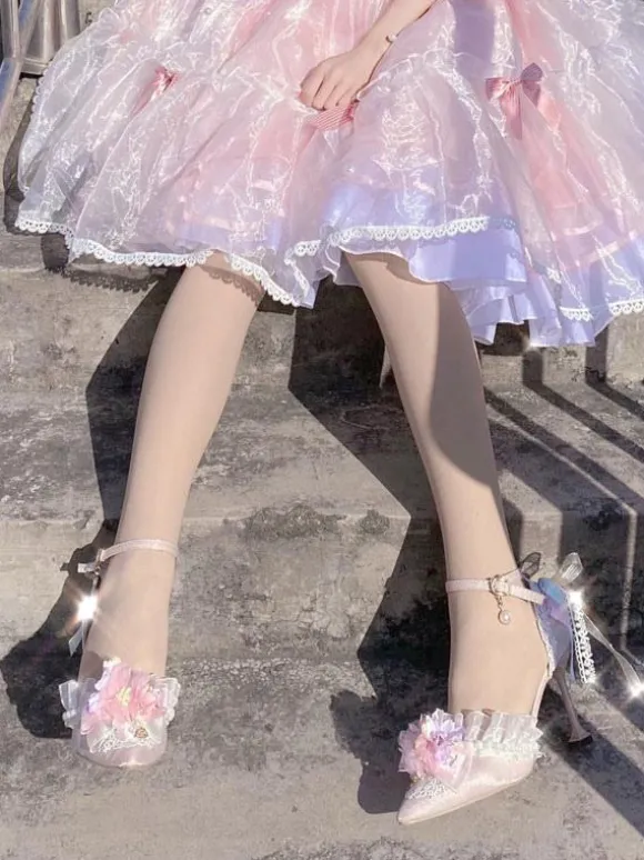 Robe de mariée Lolita Chaussures Lolita Fleurs roses Volants en dentelle Bout pointu Escarpins Lolita en satin