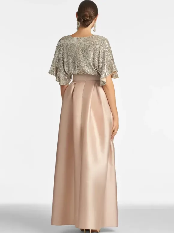 Robe de mariée mère de la mariée col en V manches courtes coupe trapèze longueur au sol pour les invités de mariage
