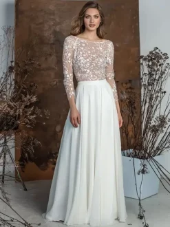 Robe de mariée 2 Pièces en chiffon Ivoire  manches longues Robes de mariée