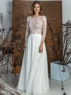 Robe de mariée 2 Pièces en chiffon Ivoire  manches longues Robes de mariée