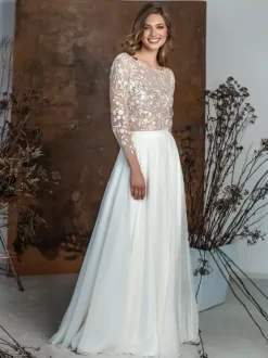 Robe de mariée 2 Pièces en chiffon Ivoire  manches longues Robes de mariée