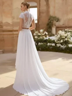 Robe de mariée 2 Pièces en chiffon Ivoire  manches courtes Robes de mariée