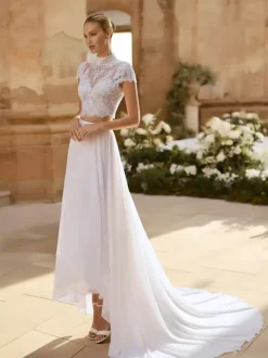 Robe de mariée 2 Pièces en chiffon Ivoire  manches courtes Robes de mariée
