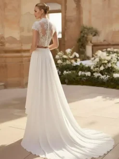 Robe de mariée 2 Pièces en chiffon Ivoire  manches courtes Robes de mariée
