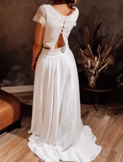 Robe de mariée 2 Pièces en dentelle Ivoire  manches courtes Robes de mariée
