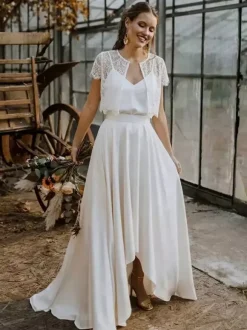 Robe de mariée 3 pièces en dentelle col bijou coupe trapèze fermeture éclair manches courtes