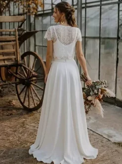 Robe de mariée 3 pièces en dentelle col bijou coupe trapèze fermeture éclair manches courtes