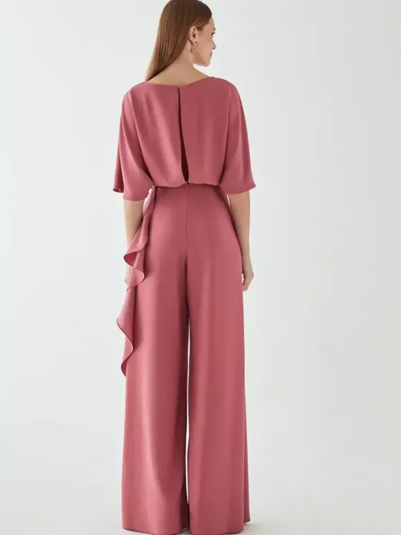 Robe de mariée pour mère col bijou demi-manches combinaison à volants robes d'invitées de mariage