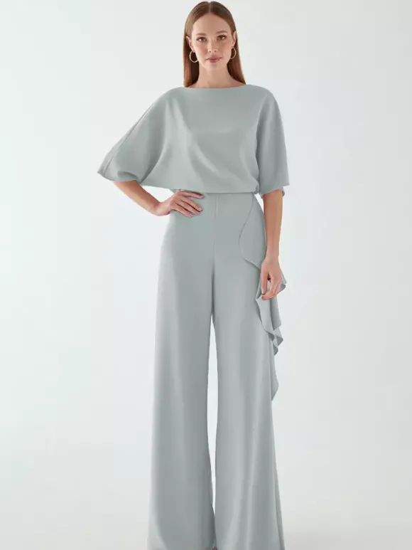 Robe de mariée pour mère col bijou demi-manches combinaison à volants robes d'invitées de mariage