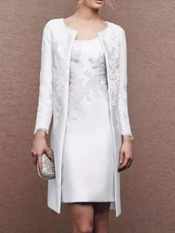 Robe de mariée pour mère col bijou manches longues ligne a dentelle robes courtes d'invitées de mariage