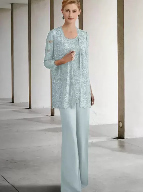 Robe de mariée pour mère col bijou manches 3/4 robes d'invitées trapèze pour mariage