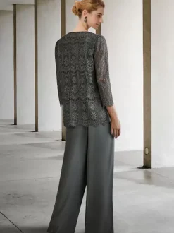Robe de mariée pour mère col bijou manches 3/4 robes d'invitées trapèze pour mariage