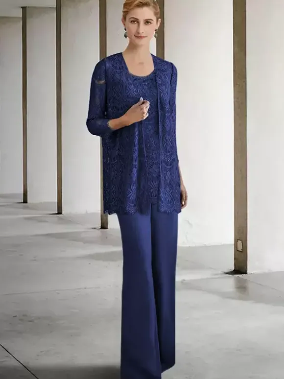 Robe de mariée pour mère col bijou manches 3/4 robes d'invitées trapèze pour mariage