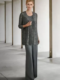 Robe de mariée pour mère col bijou manches 3/4 robes d'invitées trapèze pour mariage
