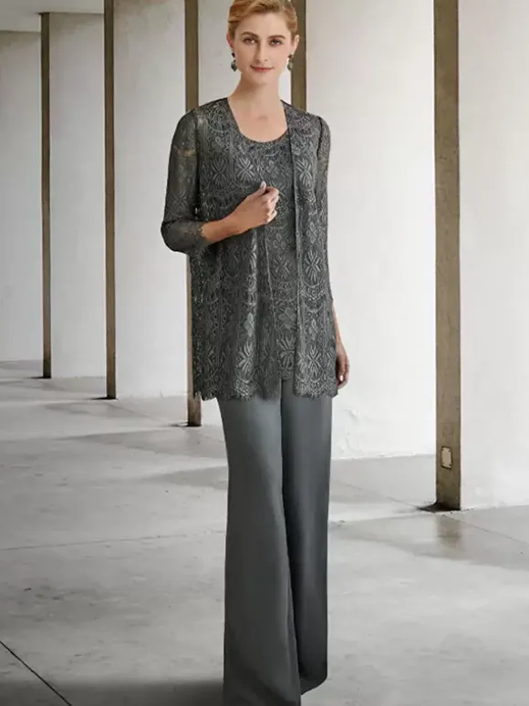 Robe de mariée pour mère col bijou manches 3/4 robes d'invitées trapèze pour mariage