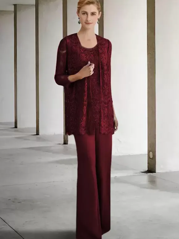 Robe de mariée pour mère col bijou manches 3/4 robes d'invitées trapèze pour mariage