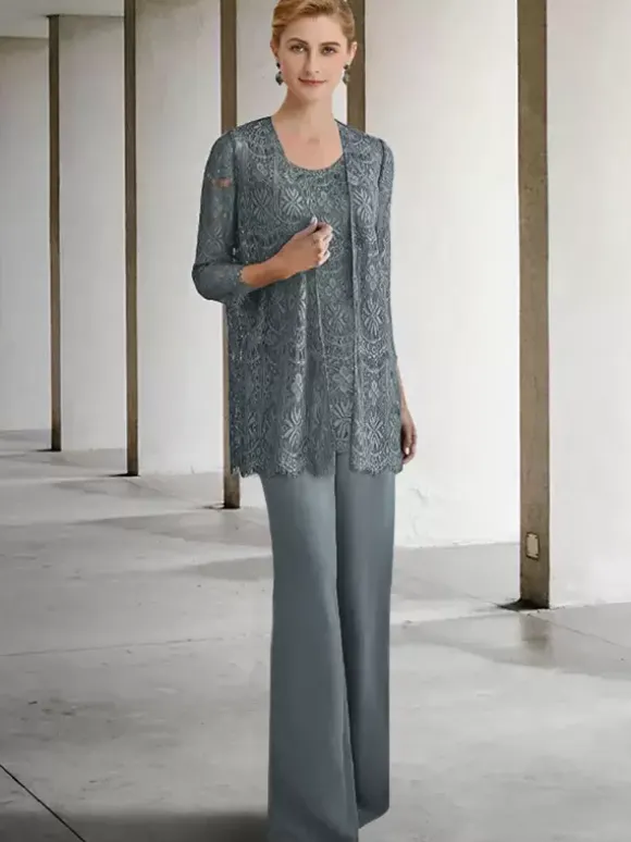 Robe de mariée pour mère col bijou manches 3/4 robes d'invitées trapèze pour mariage