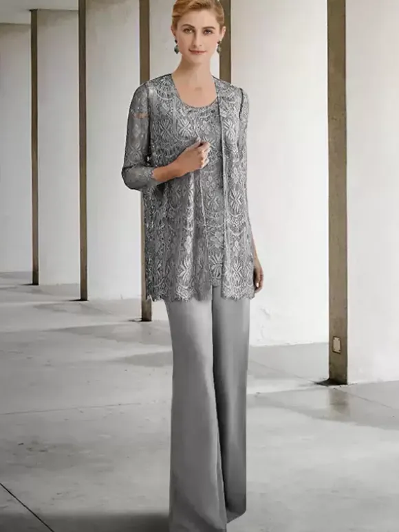 Robe de mariée pour mère col bijou manches 3/4 robes d'invitées trapèze pour mariage