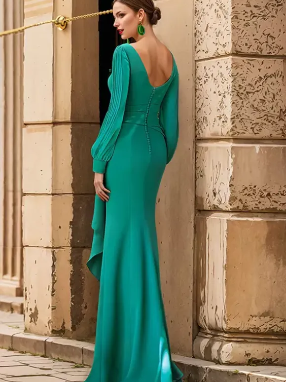 Robe de mariée pour mère col bijou manches longues volants robes d'invitées de mariage sirène