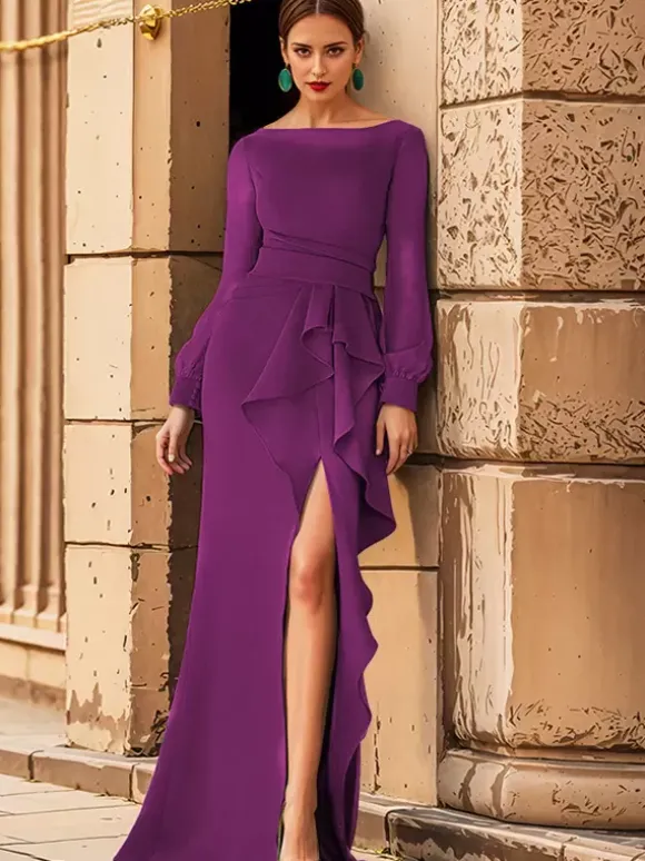 Robe de mariée pour mère col bijou manches longues volants robes d'invitées de mariage sirène