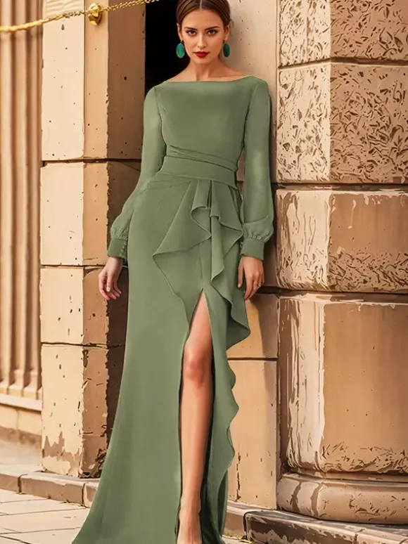 Robe de mariée pour mère col bijou manches longues volants robes d'invitées de mariage sirène