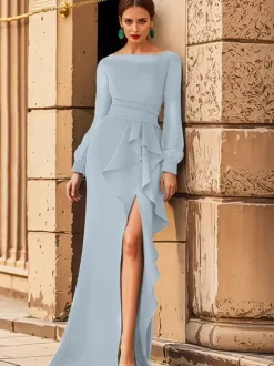 Robe de mariée pour mère col bijou manches longues volants robes d'invitées de mariage sirène