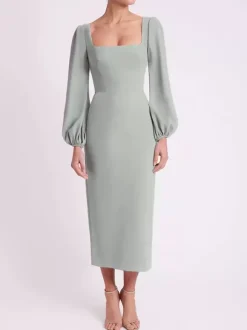 Robe de mariée pour mère col carré manches longues longueur thé robes d'invitées pour mariage