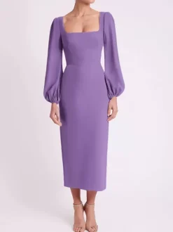 Robe de mariée pour mère col carré manches longues longueur thé robes d'invitées pour mariage