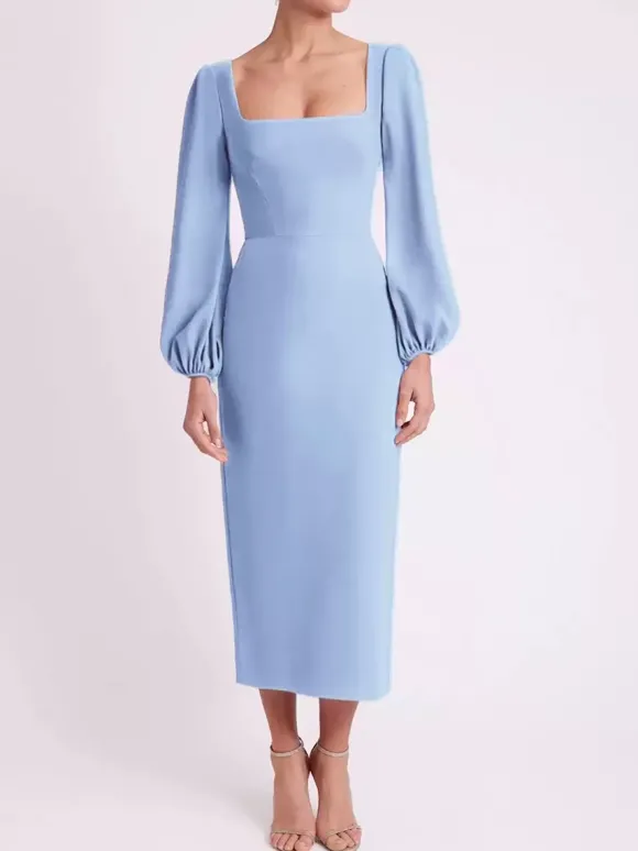 Robe de mariée pour mère col carré manches longues longueur thé robes d'invitées pour mariage