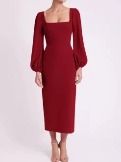 Robe de mariée pour mère col carré manches longues longueur thé robes d'invitées pour mariage